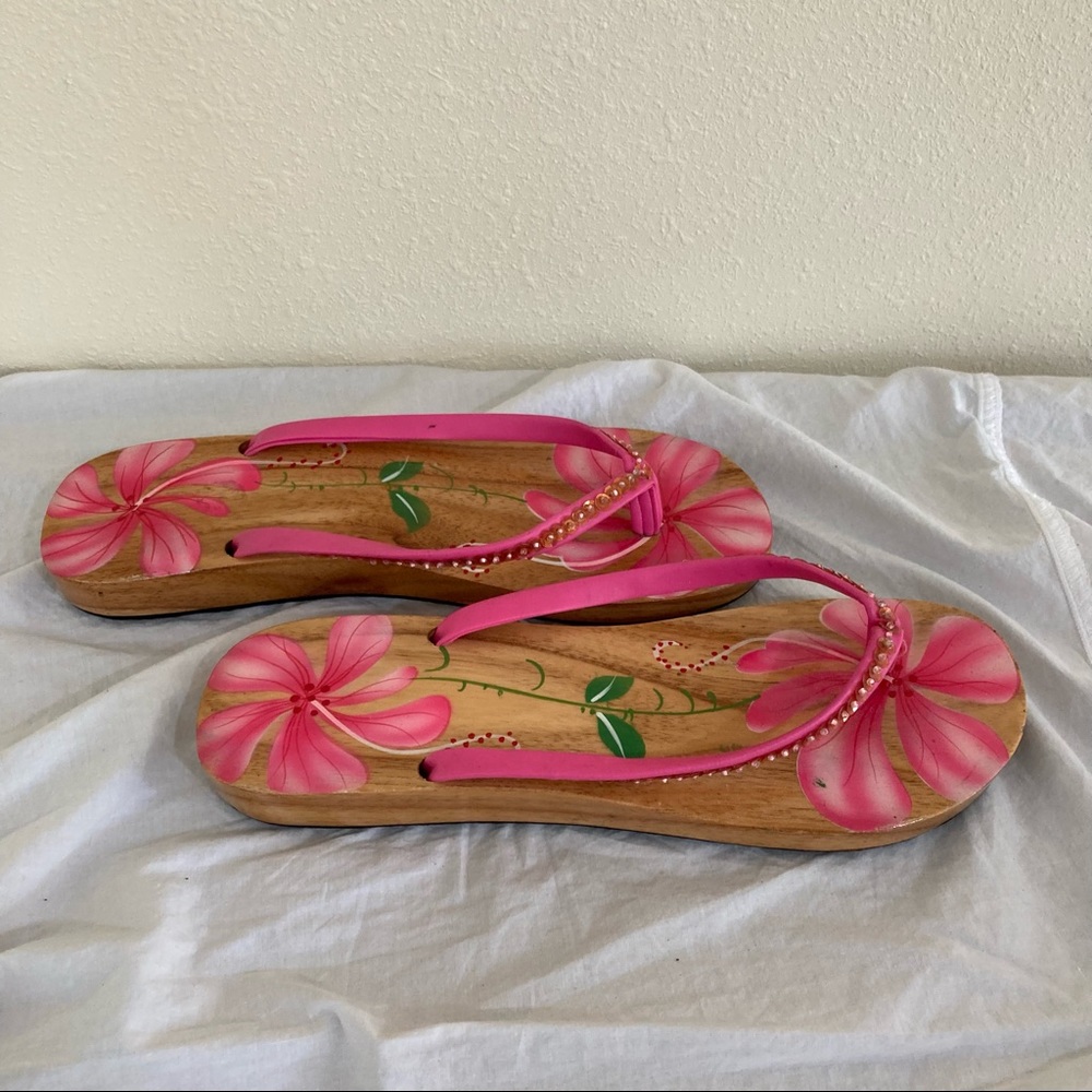 Wooden sandals with painted flowers Hibiscus Tropical Hawaii Polynesian Size XL - Picture 3 of 14